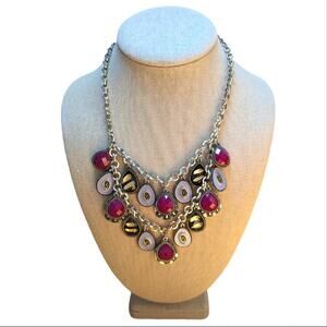 Premier Designs Layered Reversible Silver Tone Faceted Charm Statement Necklace